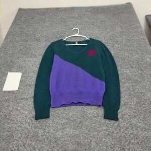 Vintage G Sweater Womens M Green Purple Wool Colorblock V-Neck Geometric Retro